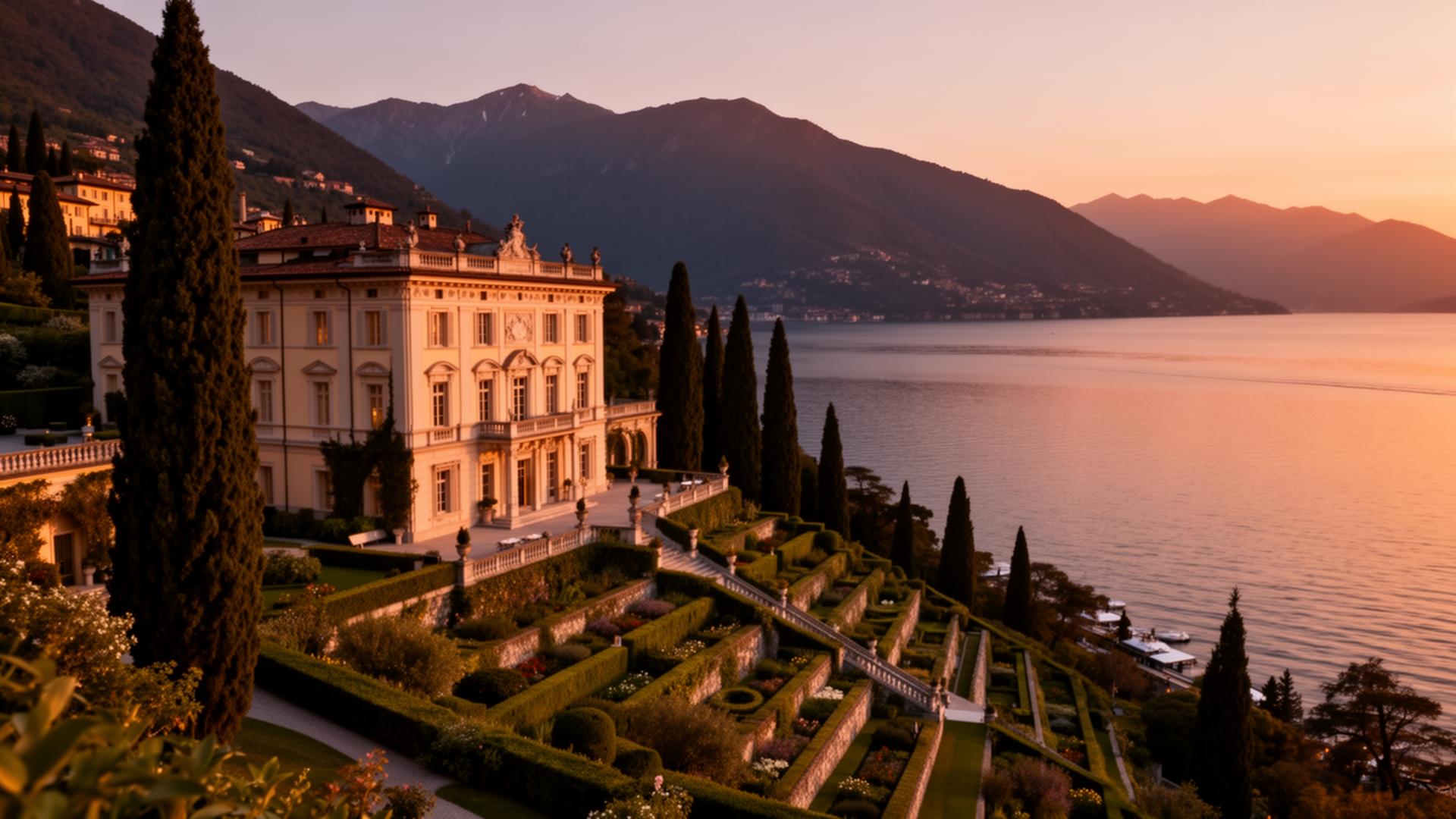 Classical Italian villa overlooking Lake Como at dusk